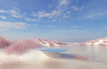 Abstract Winter landscape scene with a podium for product display. 3d rendering.