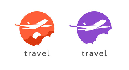 Logo travel by plane airline vector or flight by airplane jet tour concept logotype design, tourism aircraft service symbol graphic round circle shape silhouette on sun sky and mountains company brand