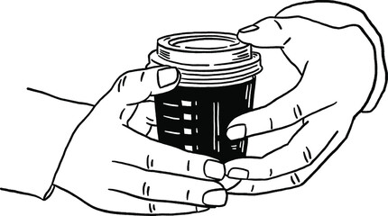 People Hand with Hot Coffee cup Hand drawn Line art Illustration