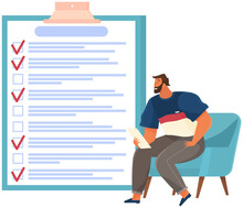 Man Sitting With Laptop Near Big Paper Clipboard With Check Marks, To Do List. Successful Time Management, Schedule Planning. Male Character With Checklist, Task Planner Program On Computer