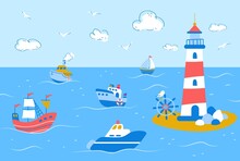 Cute Ship And Cruiser In Ocean Landscape. Cartoon Sailboat Trip And Lighthouse. Horizontal Childish Background, Nowaday Sea Adventures Vector Banner