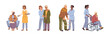 © Sensvector - Senior people from nursing home getting care from nurses and helpers assistants. Vector flat cartoon character, grandmother reading book, grandfather trying to walk with stick, aid with wheelchair