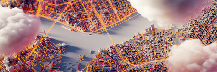 Leinwandbilder - Scattered clouds on the mega city; urban and futuristic technology concepts, original 3d rendering