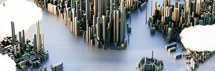 Leinwandbilder - Scattered clouds on the mega city; urban and futuristic technology concepts, original 3d rendering