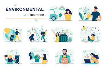 Aufkleber - Environmental concept with people scenes set in flat design. Men and women collecting, separating and recycling trash, zero waste, green energy. Vector illustration visual stories collection for web