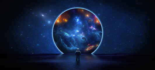 Wall Mural - astronaut cosmonaut discovery of new worlds of galaxies panorama, fantasy portal to far universe. as