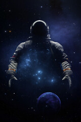 Wall Mural - astronaut in spacesuit helmet is a reflection of stars and galaxies. space exploration, an astronaut