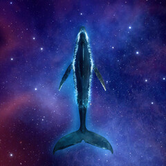big whale swims in deep space of stars, nebulae and galaxies. fantasy landscape cosmos diving blue w