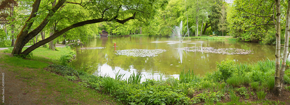 spring landscape spa garden Bad Aibling, pond with fountain Stock Photo ...