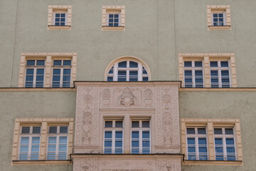 Munich, Germany - December 19 2021: Street view of the facade of the building in Munich downtown on Winter day.