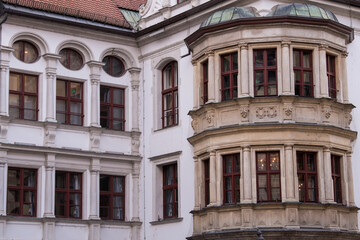 Munich, Germany - December 19 2021: Street view of the facade of the building in Munich downtown on Winter day.