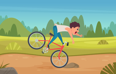 Poster - Falling from bike. Boy on street road accident on bike kids in dangerous shocked exact vector cartoon background in cartoon style