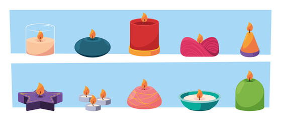 Sticker - Spa candles. Aromatherapy items for relax places chinese beauty candles sticks for interior decoration garish vector flat illustrations