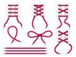Realistic shoelace. Different lacing ways. Realistic boots ropes. Separate ribbons and bows with grommets. Isolated 3d strings. Cross or parallel variants. Vector footwear red cords set