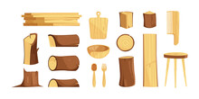 Wooden Products. Furniture Production From Oak Logs Branches Trees Lumbers Garish Vector Cartoon Illustrations