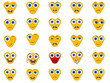 Grafika wektorowa przedstawiająca zestaw twarzy wyrażających różne emocje. Są to tak zwane emotikony. 