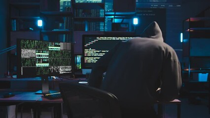 A gloomy and secretive programmer comes and sits down at the computer desk. In front of him are two monitors and a laptop. He writes complex multi-level code for the program. Room at dusk