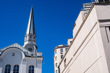 Architecture Facade Of A White Building Church Of The Holy And Bright Blue Sky 