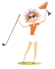 Young Golfer Woman On The Golf Course Illustration. 
Happy Golfer Woman In Sunglasses Holds A Golf Club And A Winner Cup Isolated On White Background

