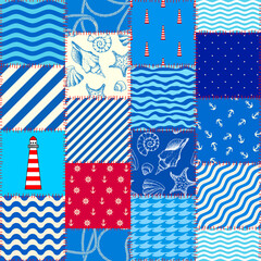 Fototapete - Patchwork seamless pattern in marine style. Art seamless background.