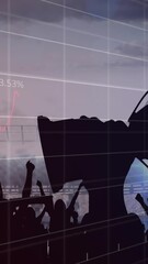 Wall Mural - animation of social distancing text with data on graphs over trophy and sports fans at stadium