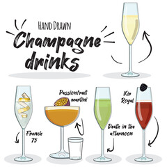Wall Mural - Hand Drawn Colorful Champagne Drinks Set French 75 Kir Royal Passionfruit martini Hemingway Champagne