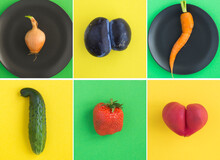 Collage Of Ugly Fruit And Vegetable On The Colored  Background. Top View.