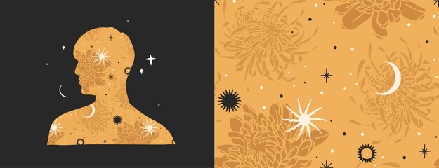 Wall Mural - Hand drawn vector abstract stock flat graphic illustrations set with logo element,bohemian astrology magic art of galaxy space,crescent moon,stars,sun and human silhouette,simple style for branding.