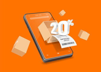 Canvas Print - Receipts with special offer text and 20% off text in 3D flowing from the parcel box and all object floating on smartphone screen,vector on orange background for online shopping and delivery promotion