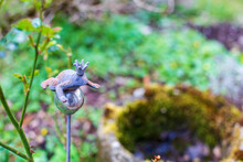 Small Sculpture Of Frog With Crown In A Green Garden