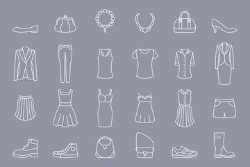 Wall Mural - Women's clothing Icons set - Vector outline symbols of dress, shoes, skirt, jeans, jacket and accessories for the site or interface