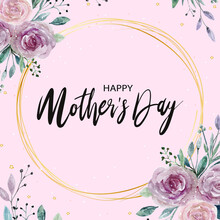Happy Mother's Day Greeting Card,Watercolor Hand Paint Beautiful Bouquet Of Roses On Pink Background,Vector Illustration Of Wreath Spring Flowers For Print,decoration, Invitation Background