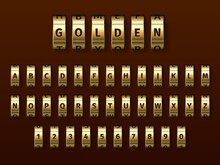 Realistic Golden Locks Combination Font. Yellow Metal Alphabet. Rotating Wheels With Numbers And Letters. Bank Codeword For Safe Protection. Access Password. Vector Spinning Elements Set