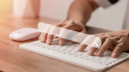 Wall Mural - The concept of using technology to search for information, a man's hand is using a smartphone to search for information on social media via the Internet online.