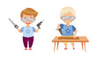 Cute boys doing carpentry work. Kids drilling at craft lesson cartoon vector illustration