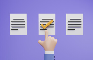 Fototapete - Businessman touching to paper sheet with correct tick mark sign for document approval and quality control standard concept by 3d render illustration.