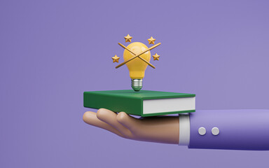 Wall Mural - Businessman hand holding book and yellow lightbulb for learning make human smart and creative thinking idea concept by 3d render illustration.