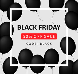 Wall Mural - Black friday sale banner discount 50% off the price. Black balls with a white frame on a gray background with the text Black Friday. Vector illustration EPS 10