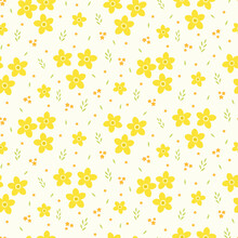 Seamless Pattern Of Abstract Yellow Buttercup Flowers, Leaves And Small Orange Flowers On A Cream Background.
