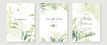 Luxury Botanical Wedding Invitation Card Template. Green Watercolor Card Background With Gold Glitters, Leaf Branches, Tropical Plants Elegant Vector Design Suitable For Banner, Cover, Invitation.