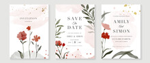 Luxury Botanical Wedding Invitation Card Template. Blossom Card Background With Leaf Branch, Red Flowers, Gold Glitters, Foliage. Elegant Watercolor Design Suitable For Banner, Cover, Invitation.