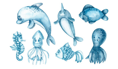 Watercolor blue set of marine life on a white background