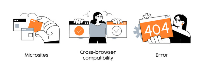 building microservices and cross browser testing - set of business concept illustrations. Microsites, Cross-browser testing, error. Visual stories collection
