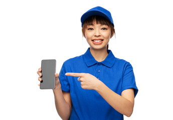 Sticker - profession, job and people concept - happy smiling delivery woman in blue uniform with smartphone over white background