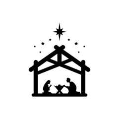 Jesus Christ was born symbol sign. Mary and Joseph bowed to the newborn Savior in a stable. Vector EPS 10