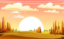 Rocky Landscape. Sharp Stone Cliffs. Horizon Far Away. View Of An Uninhabited Planet. Sunset Sunrise On Horizon. Desert During Day. Horizontal Illustration. Vector