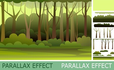 Wall Mural - jungle illustration with parallax effect. dense wild-growing tropical plants with tall, branched tru