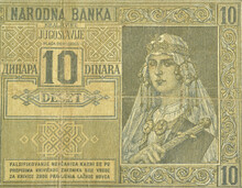 Detail Of 10 Dinars Banknote Printed By Yugoslavia In 1939, That Shows Portrait Of Woman In National Costume
