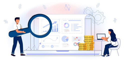 Budget planning Vector illustration flat Concept finance accounting Calculation financial income and expenses Taxpayer Tax burden Taxation Fiscal policy People analyzing personal or corporate budget