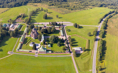 Wall Mural - Drone view of Spaso-Borodinsky Monastery on sunny summer day. Semenovskoye village, Moscow Oblast, Russia.